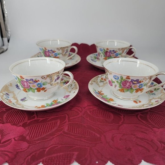 1940s Kongo China STS Hand Painted Tea Cups and Saucers Floral Lot of 4 Sets - Picture 1 of 13